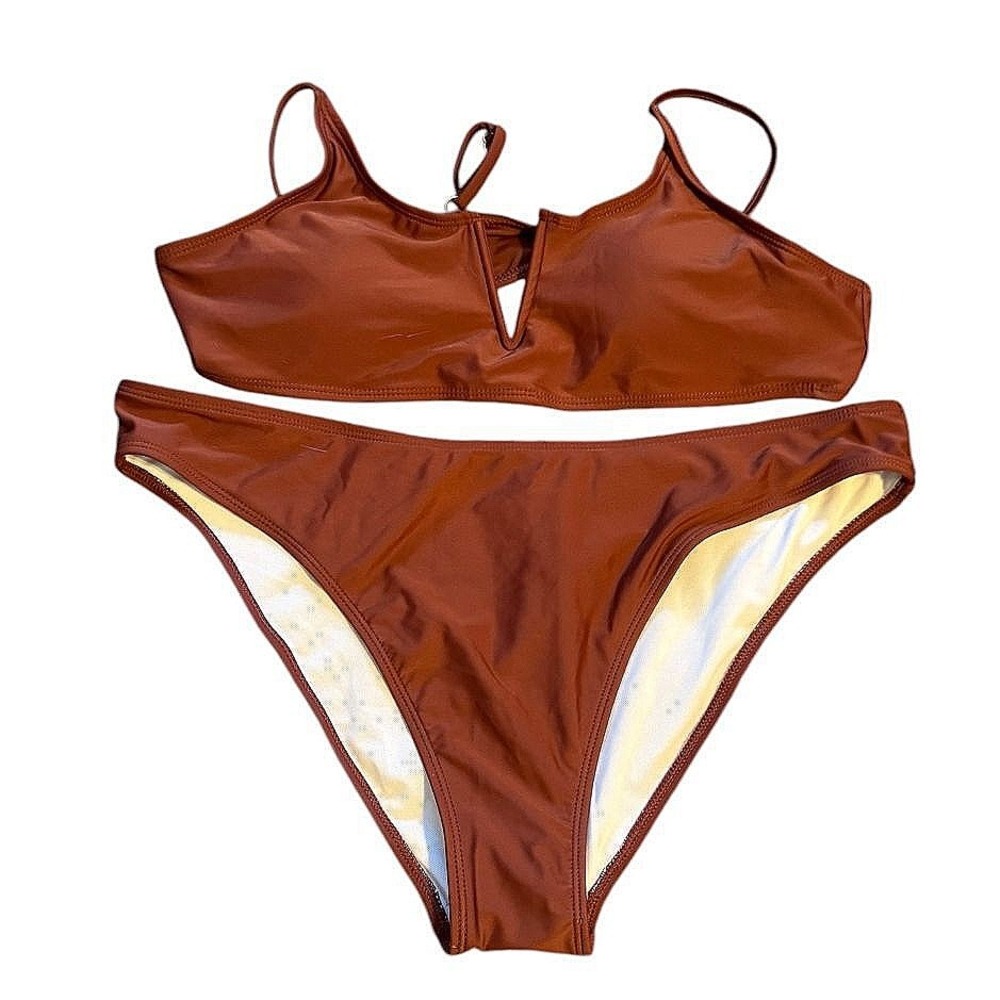Shein NWOT Bikini Set Women XL Brown V Neck Two Piece Swimsuit
